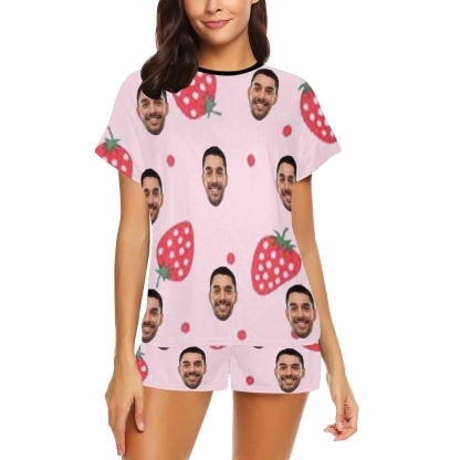 FacePajamas Pajama Custom Face Pajamas Strawberry Sleepwear Personalized Pink Women's Short Pajama Set