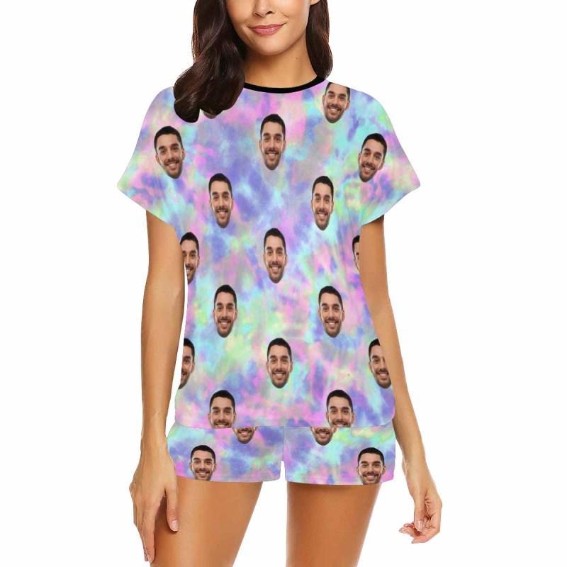 FacePajamas Pajama Custom Face Pajamas Tie-dye Laser Pink Blue Sleepwear Personalized Women's Short Pajama Set