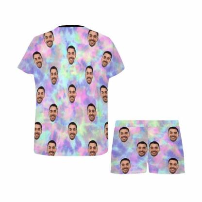 FacePajamas Pajama Custom Face Pajamas Tie-dye Laser Pink Blue Sleepwear Personalized Women's Short Pajama Set