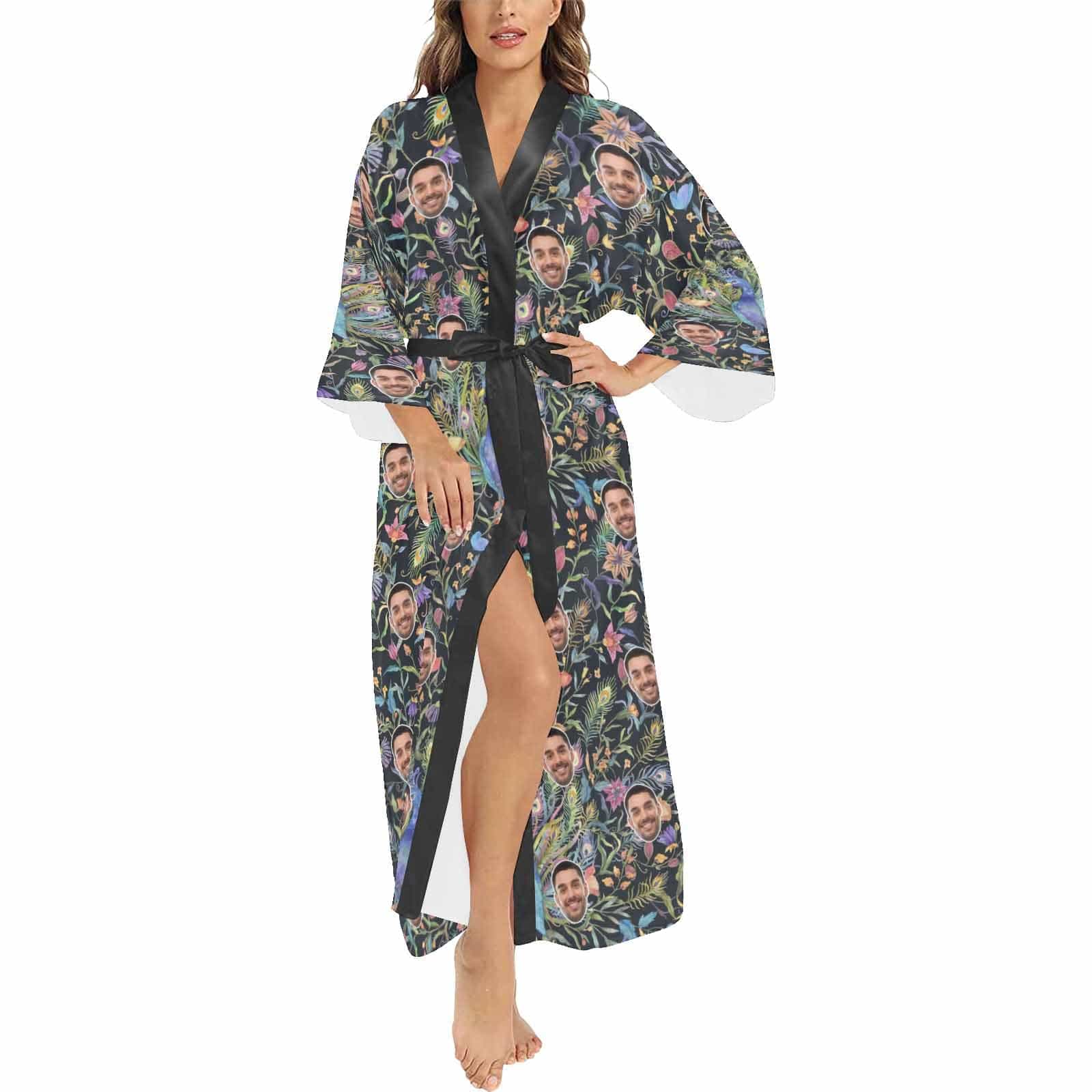 FacePajamas Pajama Robe Custom Face Peacock Women's Long Pajamas Personalized Photo Long Pajamas Kimono Robe