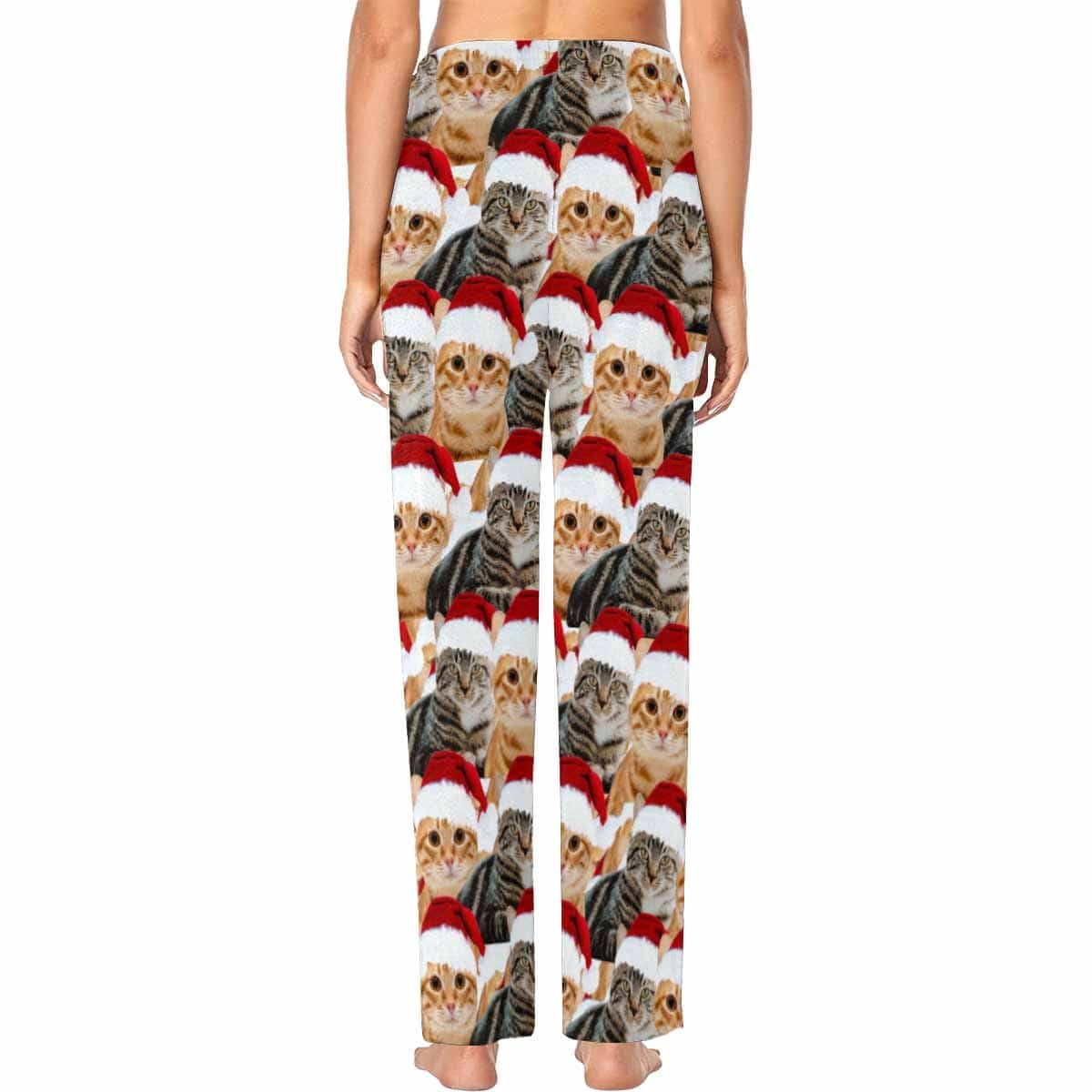FacePajamas Pajama Shirt&Pants Custom Face Pet Cat Christmas Red Hat Sleepwear Personalized Women's&Men's Slumber Party Long Pajama Pants