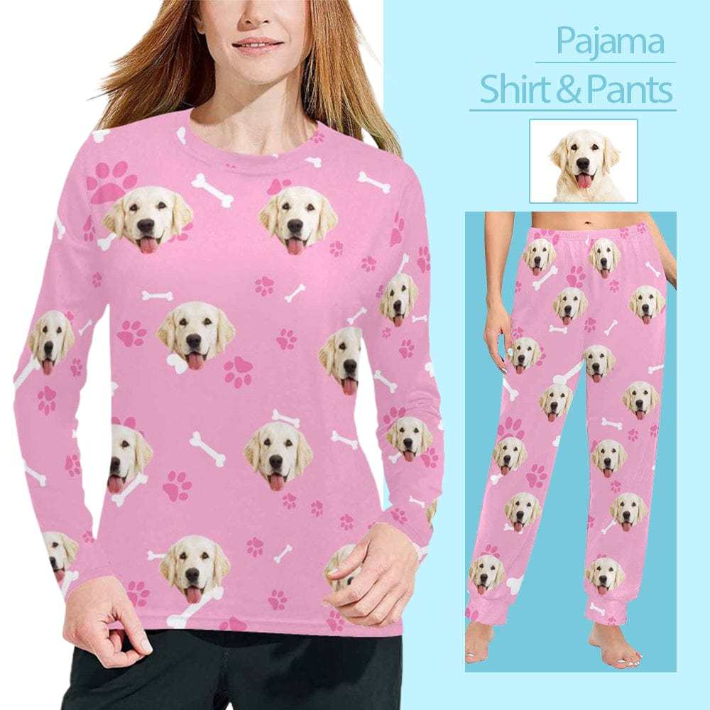 FacePajamas Pajama Shirt&Pants Custom Face Pet Dog Bone Pink Long Pajama Shirt&Pants Personalized Women's Slumber Party Sleepwear