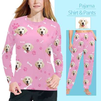 FacePajamas Pajama Shirt&Pants Custom Face Pet Dog Bone Pink Long Pajama Shirt&Pants Personalized Women's Slumber Party Sleepwear
