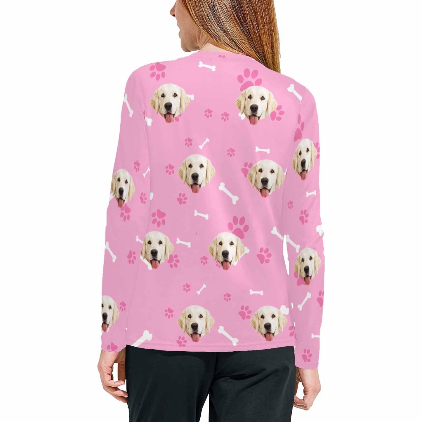 FacePajamas Pajama Shirt&Pants Custom Face Pet Dog Bone Pink Long Pajama Shirt&Pants Personalized Women's Slumber Party Sleepwear