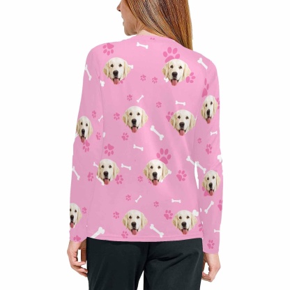 FacePajamas Pajama Shirt&Pants Custom Face Pet Dog Bone Pink Long Pajama Shirt&Pants Personalized Women's Slumber Party Sleepwear