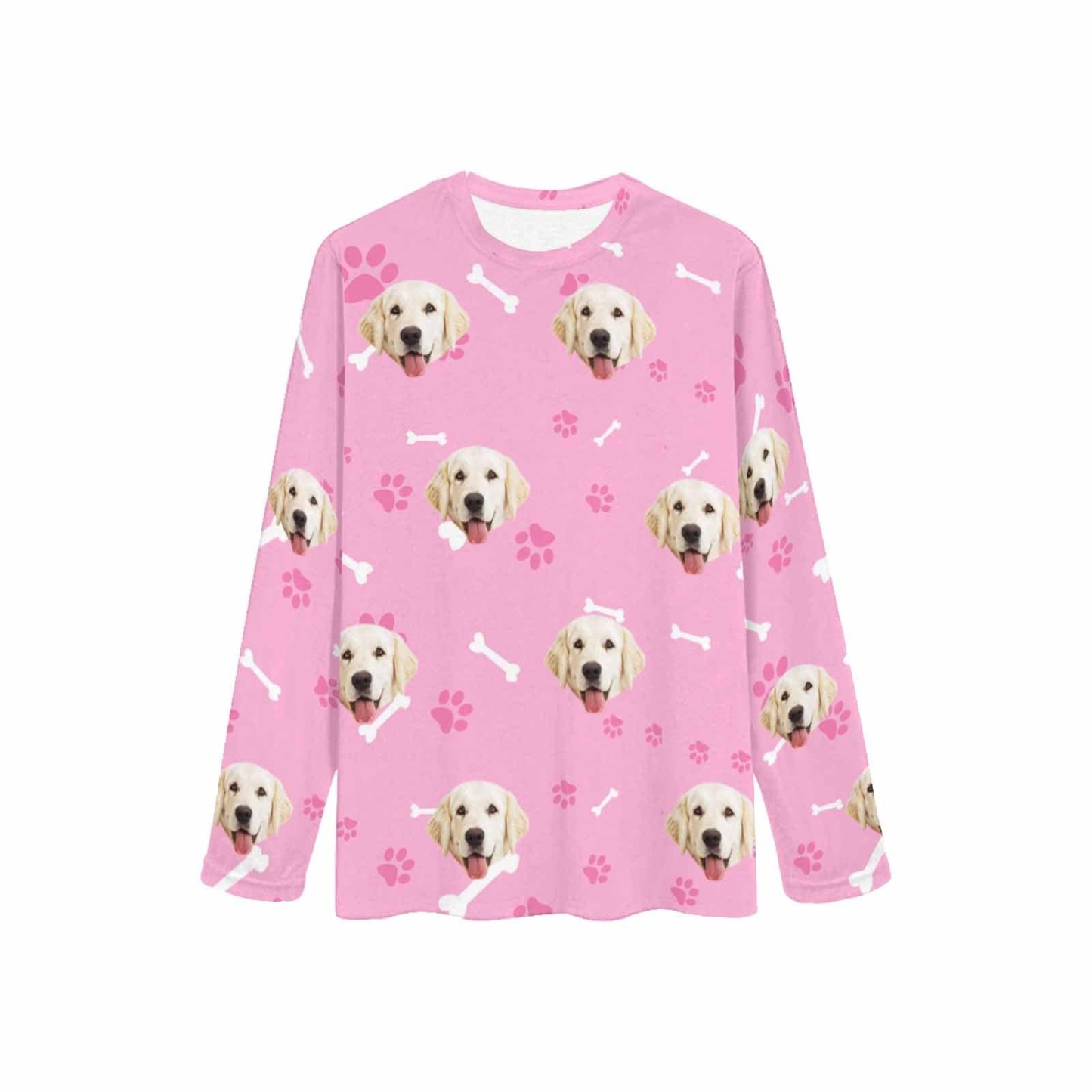 FacePajamas Pajama Shirt&Pants Custom Face Pet Dog Bone Pink Long Pajama Shirt&Pants Personalized Women's Slumber Party Sleepwear