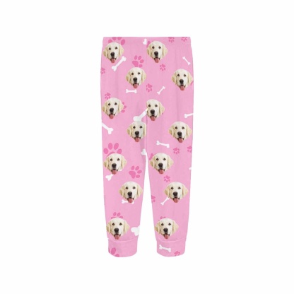 FacePajamas Pajama Shirt&Pants Custom Face Pet Dog Bone Pink Long Pajama Shirt&Pants Personalized Women's Slumber Party Sleepwear