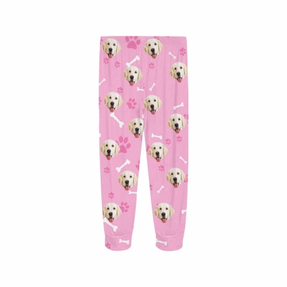 FacePajamas Pajama Shirt&Pants Custom Face Pet Dog Bone Pink Long Pajama Shirt&Pants Personalized Women's Slumber Party Sleepwear