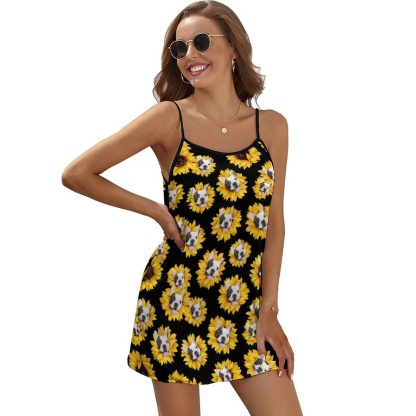 FacePajamas Pajama-2ML-SDS Custom Face Pet Dog Yellow Flower Nightgown for Women Loose Sleepwear V Neck Pajama Dress Soft Nightshirt Sleeveless Nightdress Chemise