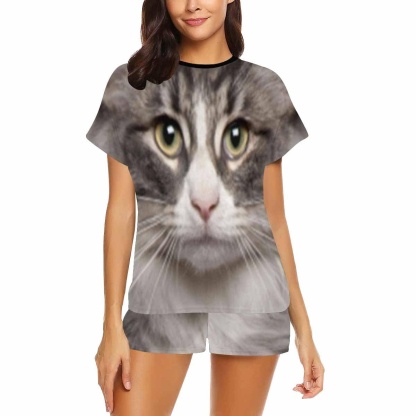 FacePajamas Pajama Custom Face Pet Pajamas Gray Cute Kitty Loungewear Personalized Photo Women's Short Pajama Set