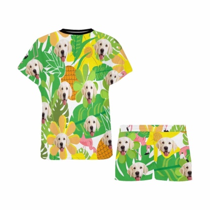 FacePajamas Pajama Custom Face Pet Pajamas Summer Green Leaves Loungewear Personalized Women's Short Pajama Set