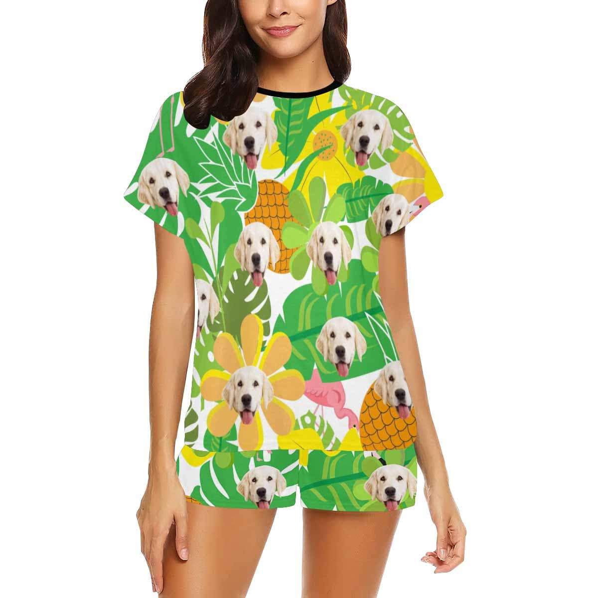FacePajamas Pajama Custom Face Pet Pajamas Summer Green Leaves Loungewear Personalized Women's Short Pajama Set