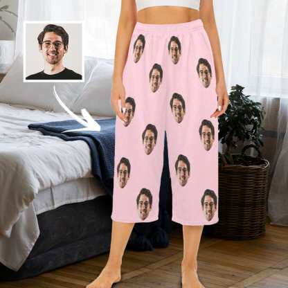 FacePajamas Pajama Shirt&Pants Custom Face Pink Cropped Pajama Pants For Women Girlfriend Gift