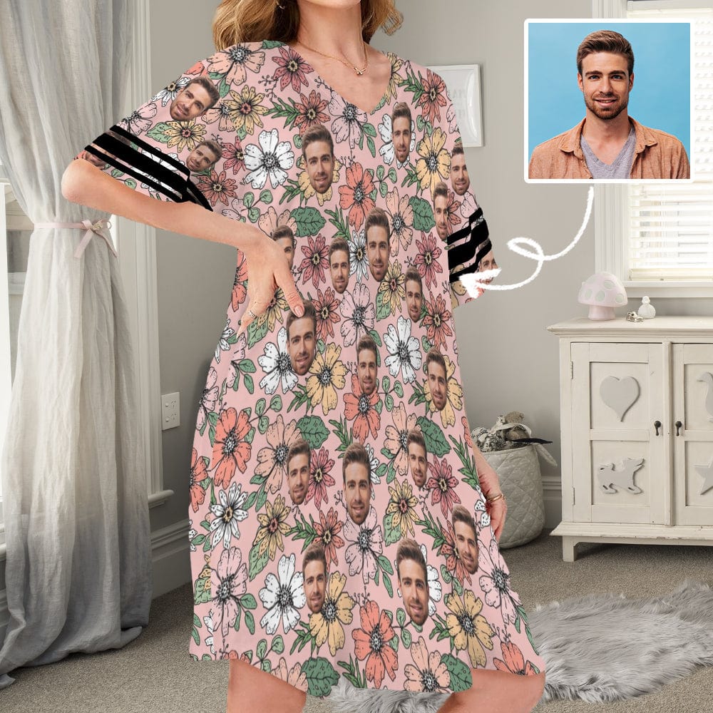 FacePajamas Pajama Dress-1YN-Blue Custom Face Pink Flowers Women's V-Neck Short Sleeved Nightdresses Personazlied Sleep Dress
