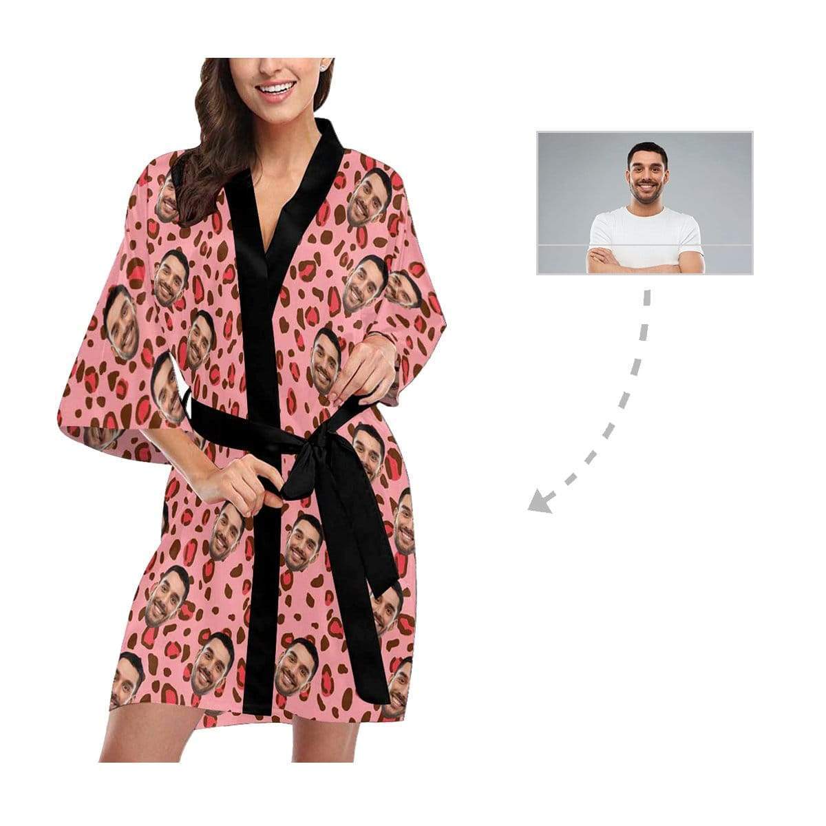 FacePajamas Pajama Custom Face Pink Leopard Print Women's Summer Short Nightwear Funny Personalized Photo Pajamas Kimono Robe