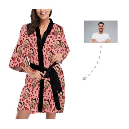 FacePajamas Pajama Custom Face Pink Leopard Print Women's Summer Short Nightwear Funny Personalized Photo Pajamas Kimono Robe