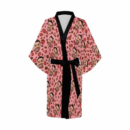 FacePajamas Pajama Custom Face Pink Leopard Print Women's Summer Short Nightwear Funny Personalized Photo Pajamas Kimono Robe