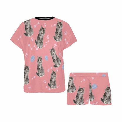 FacePajamas Pajama Custom Face Pink Short Pajamas Paw Print Kitty Loungewear Personalized Pet Women's Short Pajama Set
