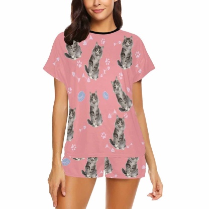 FacePajamas Pajama Custom Face Pink Short Pajamas Paw Print Kitty Loungewear Personalized Pet Women's Short Pajama Set