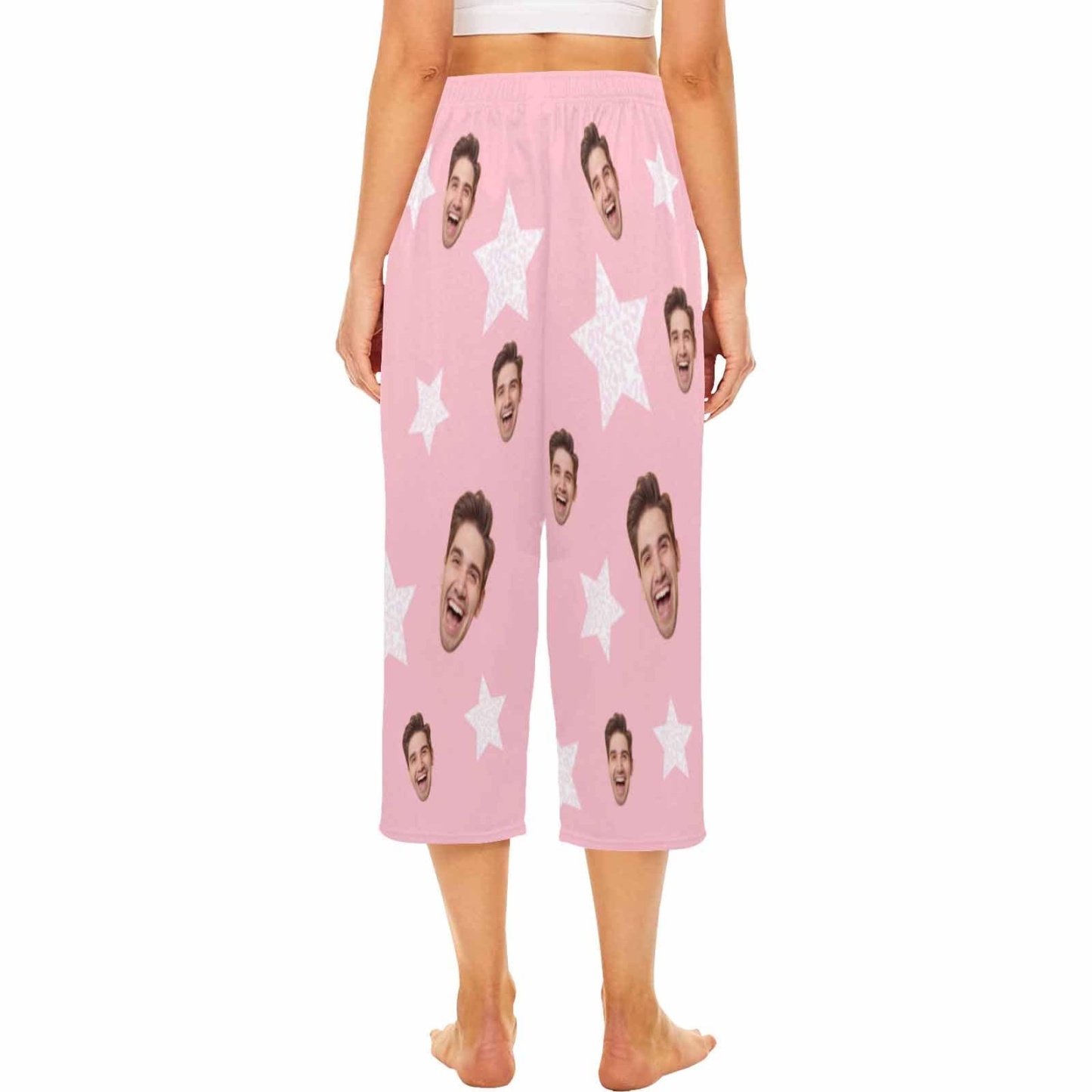 FacePajamas Pajama Shirt&Pants Custom Face Pink Star Cropped Pajama Pants For Women Girlfriend Gift Fashion