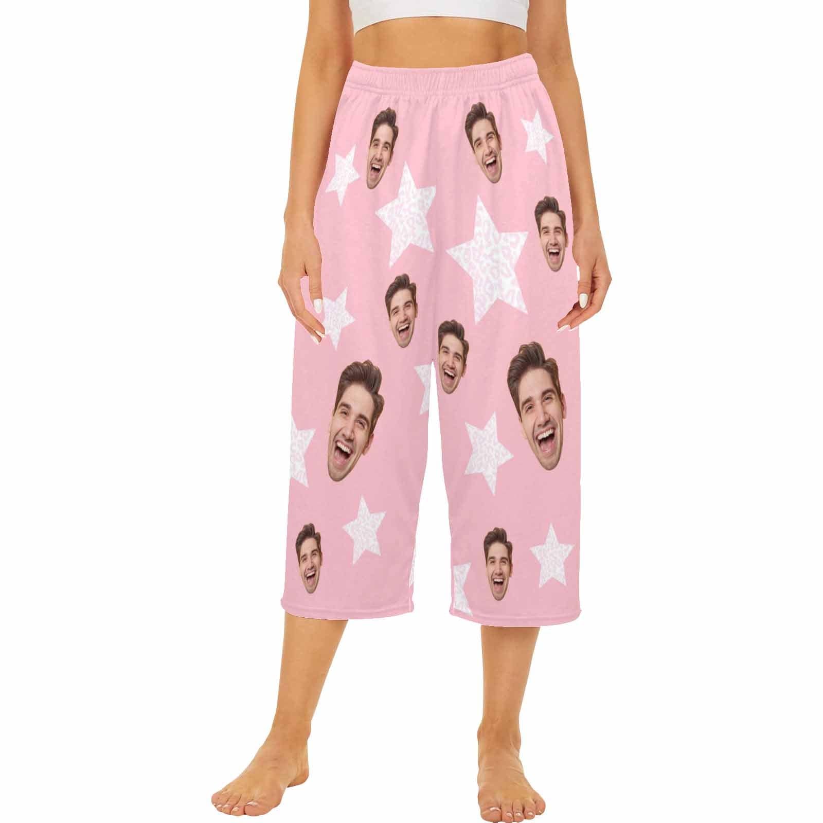 FacePajamas Pajama Shirt&Pants Custom Face Pink Star Cropped Pajama Pants For Women Girlfriend Gift Fashion