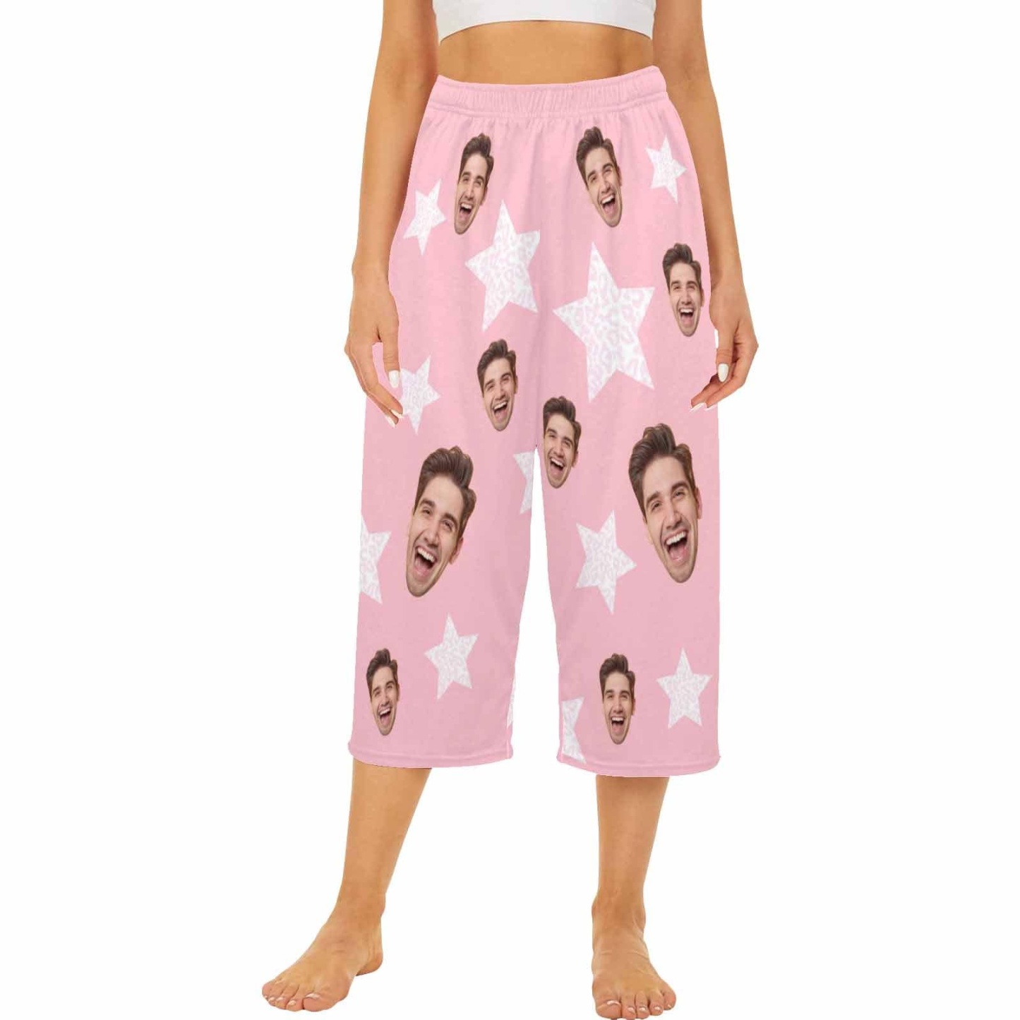 FacePajamas Pajama Shirt&Pants Custom Face Pink Star Cropped Pajama Pants For Women Girlfriend Gift Fashion