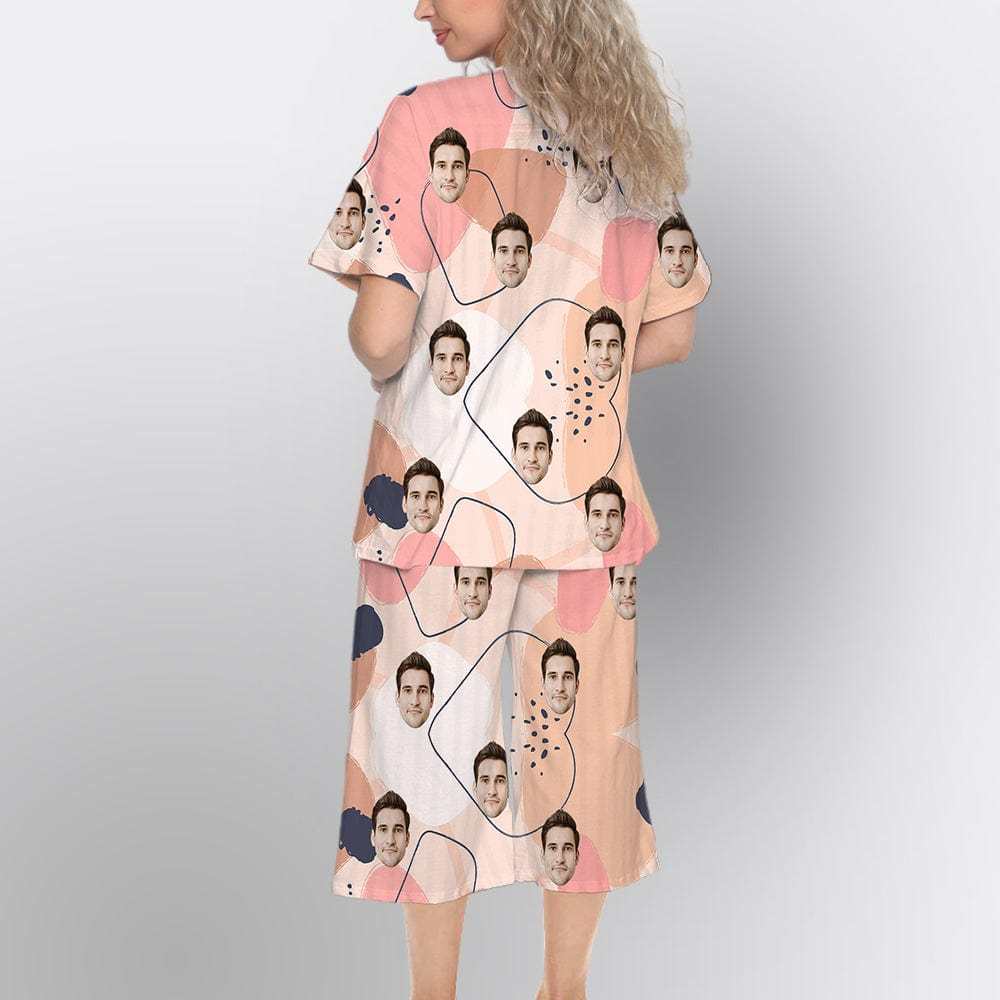 FacePajamas Womens Short Crew Neck-SDS Custom Face Pink Watercolor Pajama Sets Short Sleeve Knee Length Pants Personalized Women's Short Sleeve Loungewear