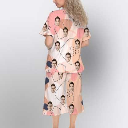 FacePajamas Womens Short Crew Neck-SDS Custom Face Pink Watercolor Pajama Sets Short Sleeve Knee Length Pants Personalized Women's Short Sleeve Loungewear