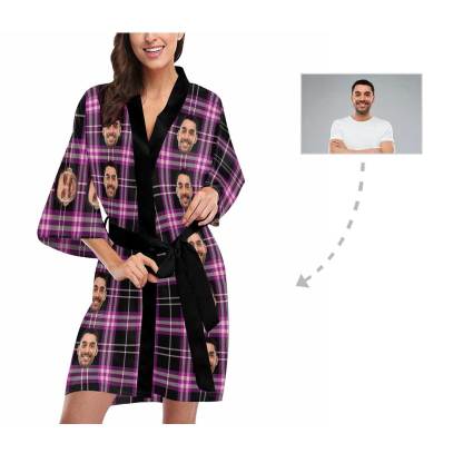 FacePajamas Pajama Custom Face Plaid Stripe Women's Short Summer Nightwear Personalized Photo Pajamas Kimono Robe