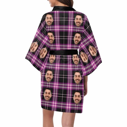 FacePajamas Pajama Custom Face Plaid Stripe Women's Short Summer Nightwear Personalized Photo Pajamas Kimono Robe