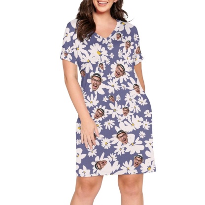 FacePajamas Custom Face Purple Flower Nightgown for Women Sleepwear V Neck Pajama Dress Soft Nightshirt
