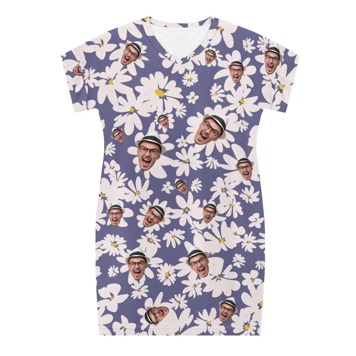FacePajamas Custom Face Purple Flower Nightgown for Women Sleepwear V Neck Pajama Dress Soft Nightshirt