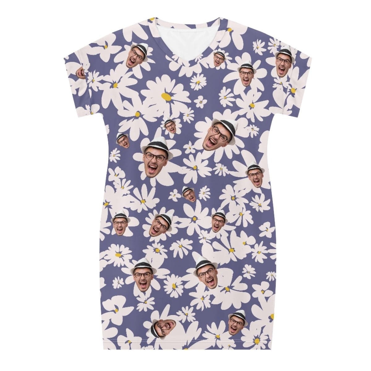 FacePajamas Custom Face Purple Flower Nightgown for Women Sleepwear V Neck Pajama Dress Soft Nightshirt