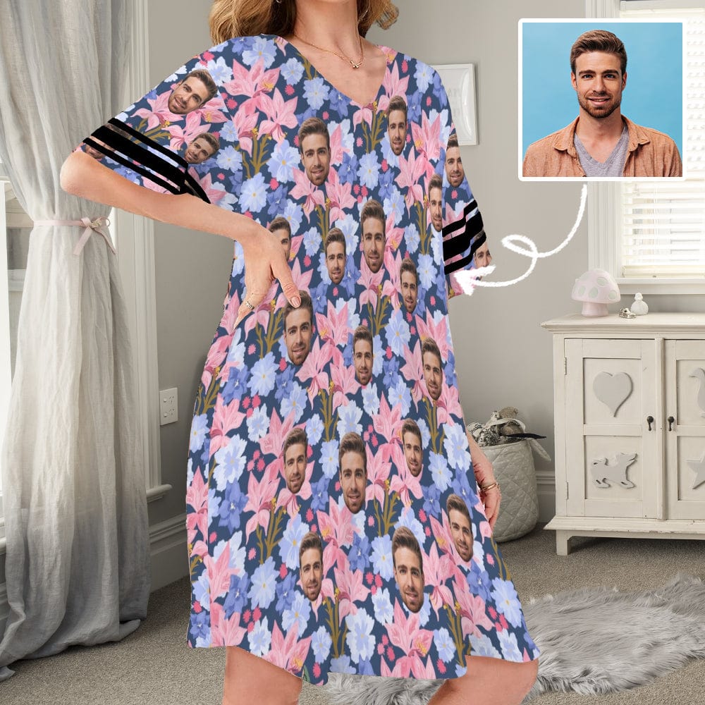 FacePajamas Pajama Dress-1YN-Blue Custom Face Purple Flowers Women's V-Neck Short Sleeved Nightdresses Personazlied Sleep Dress