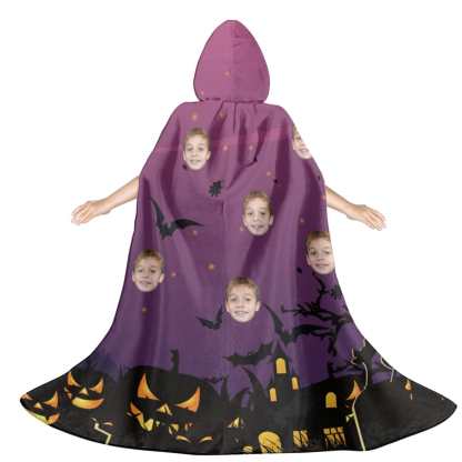 FacePajamas Halloween Cloak-2ML-ZD Custom Face Purple Unisex Hooded Halloween Cloak for Adult and Kids Cosplay Costumes Wizard Cape with Hat