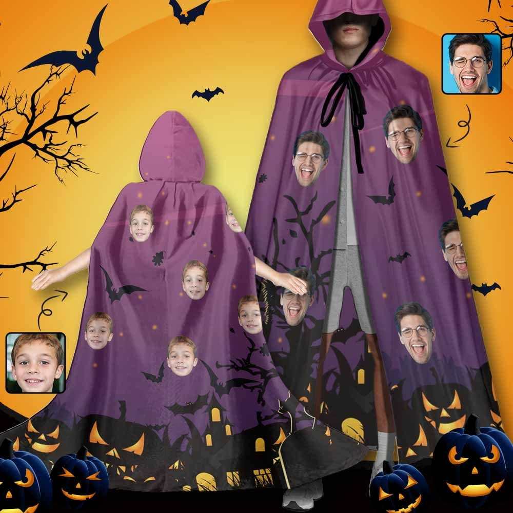 FacePajamas Halloween Cloak-2ML-ZD Custom Face Purple Unisex Hooded Halloween Cloak for Adult and Kids Cosplay Costumes Wizard Cape with Hat