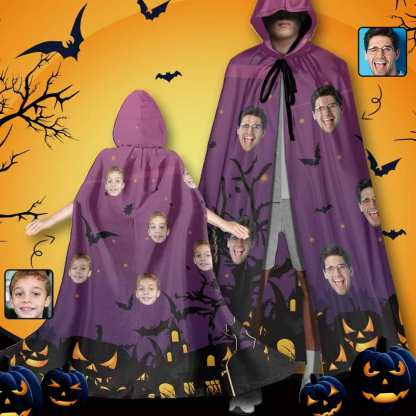 FacePajamas Halloween Cloak-2ML-ZD Custom Face Purple Unisex Hooded Halloween Cloak for Adult and Kids Cosplay Costumes Wizard Cape with Hat
