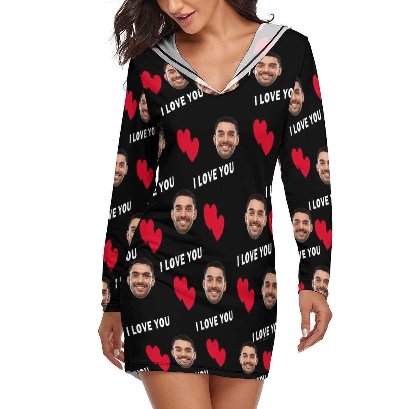 FacePajamas Pajama-2YX-SDS Custom Face Red Heart I Love You Tracksuit Women's Long Sleeve  Loungewear