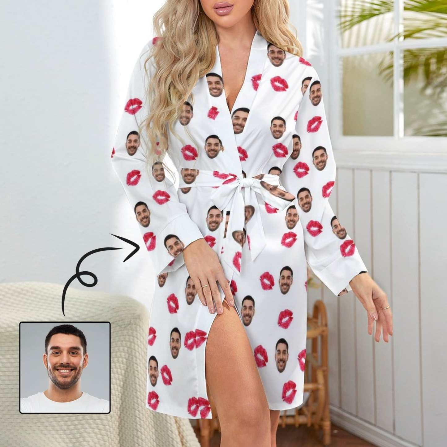 FacePajamas Pajama-2YX-SDS Custom Face Red Lips Boyfriend Women's Long Pajamas Funny Personalized Photo Pajamas Kimono Robe