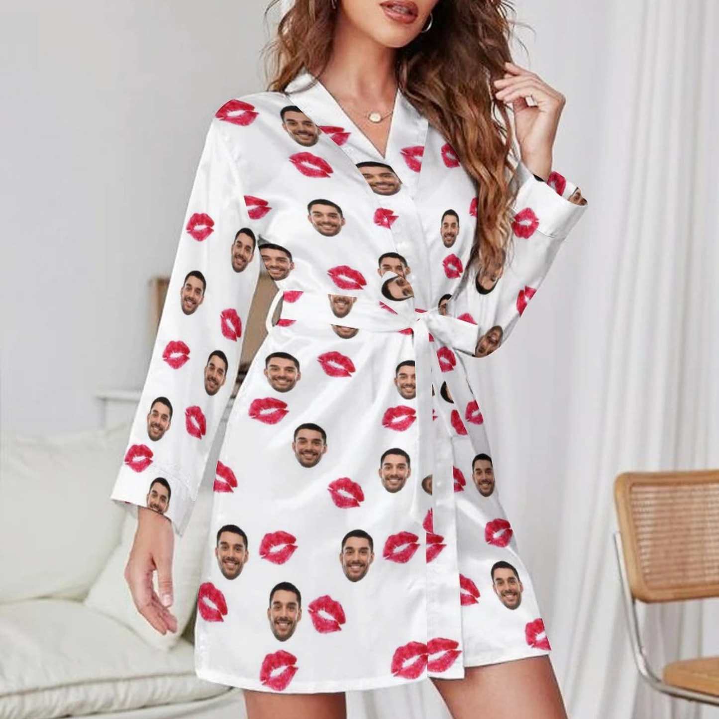 FacePajamas Pajama-2YX-SDS Custom Face Red Lips Boyfriend Women's Long Pajamas Funny Personalized Photo Pajamas Kimono Robe