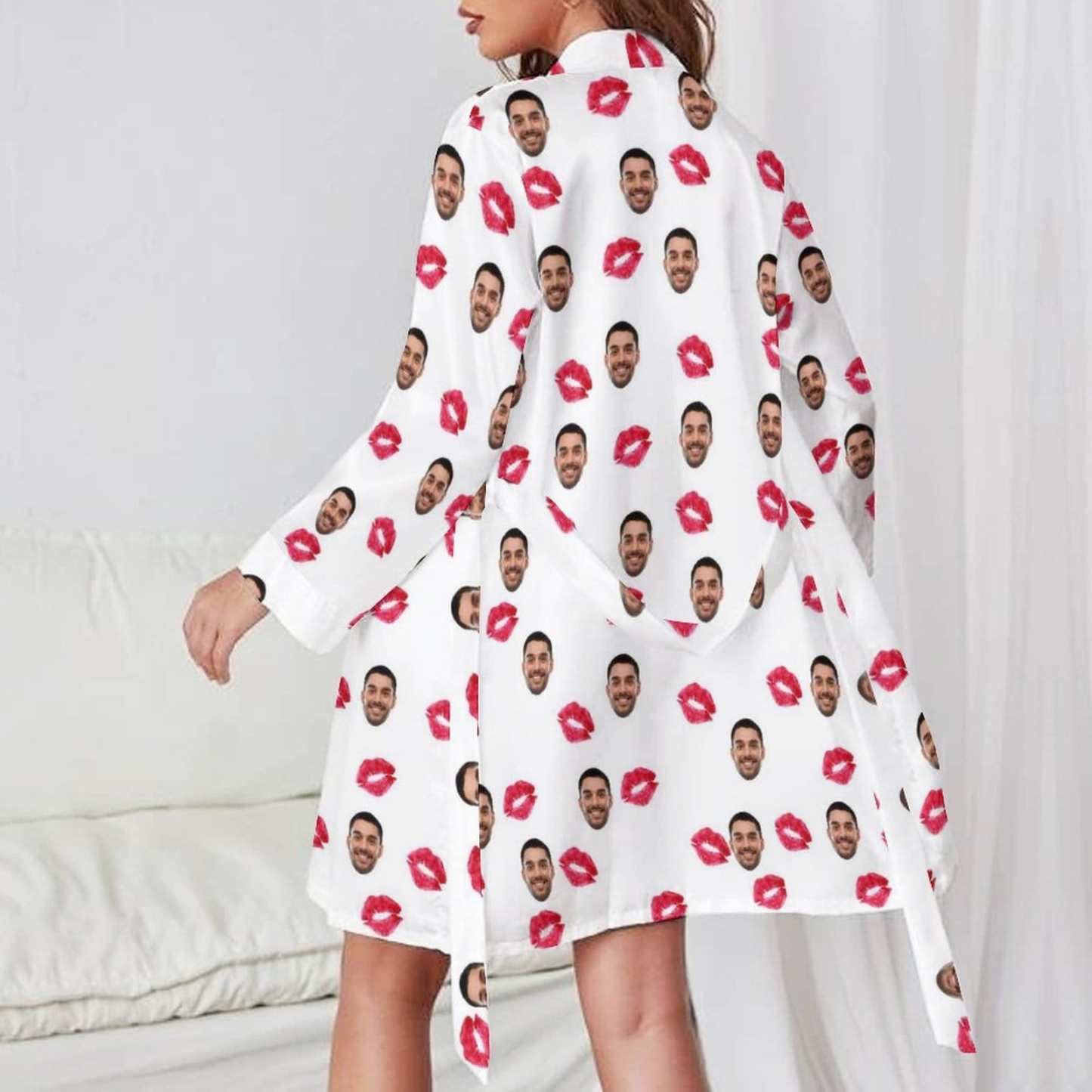 FacePajamas Pajama-2YX-SDS Custom Face Red Lips Boyfriend Women's Long Pajamas Funny Personalized Photo Pajamas Kimono Robe