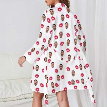 FacePajamas Pajama-2YX-SDS Custom Face Red Lips Boyfriend Women's Long Pajamas Funny Personalized Photo Pajamas Kimono Robe