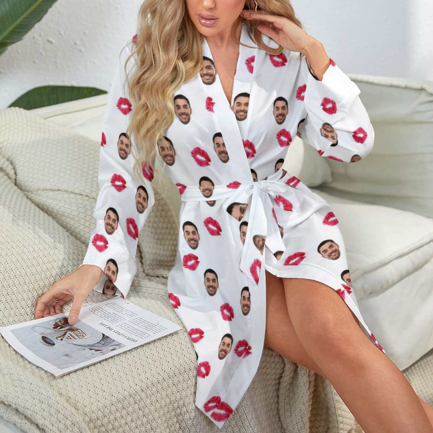 FacePajamas Pajama-2YX-SDS Custom Face Red Lips Boyfriend Women's Long Pajamas Funny Personalized Photo Pajamas Kimono Robe