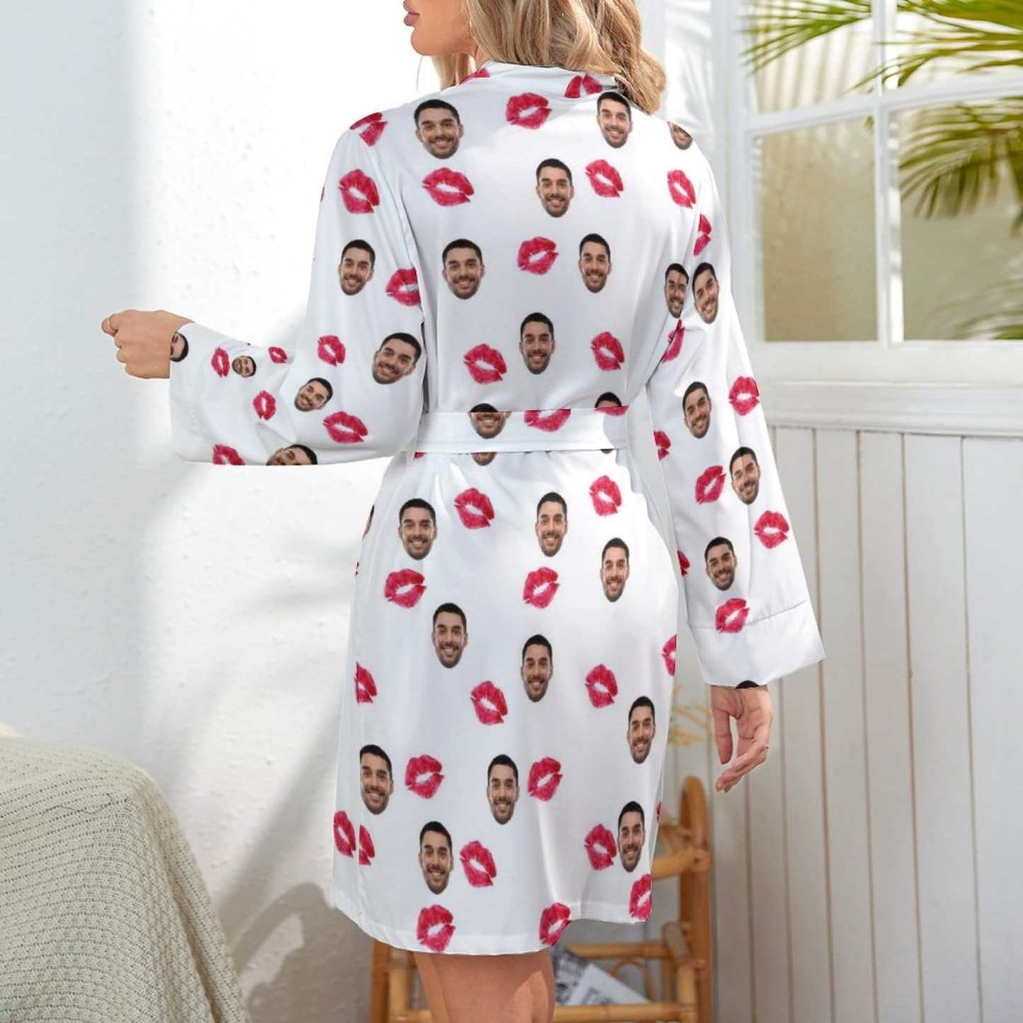 FacePajamas Pajama-2YX-SDS Custom Face Red Lips Boyfriend Women's Long Pajamas Funny Personalized Photo Pajamas Kimono Robe