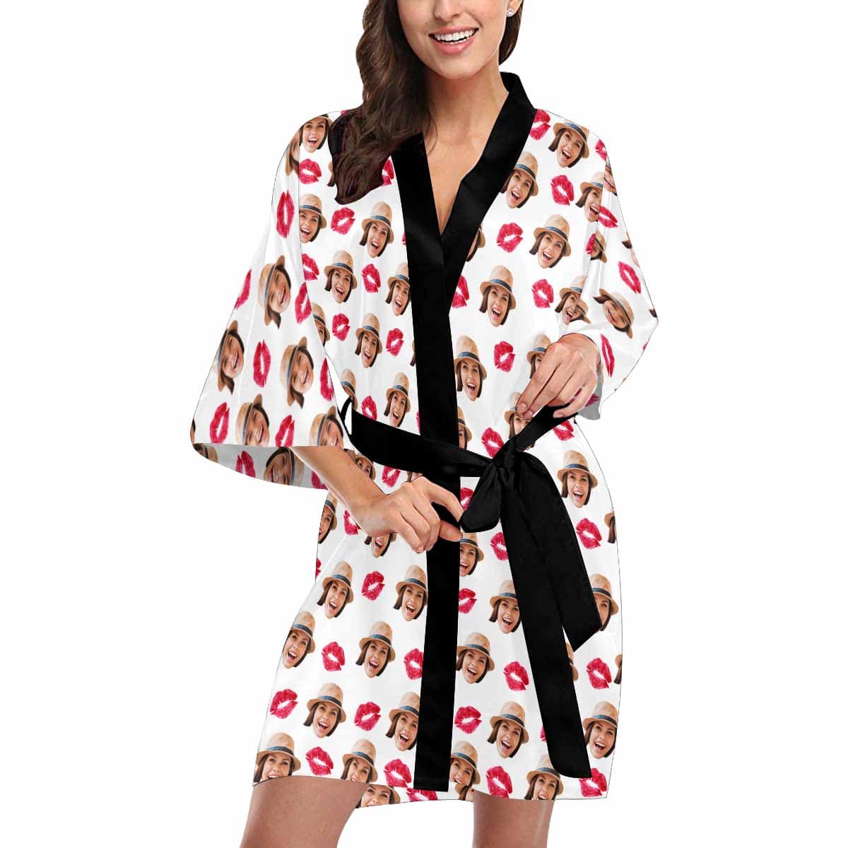 FacePajamas Pajama Custom Face Red Lips Women's Short Pajamas Personalized Photo Pajamas Kimono Robe