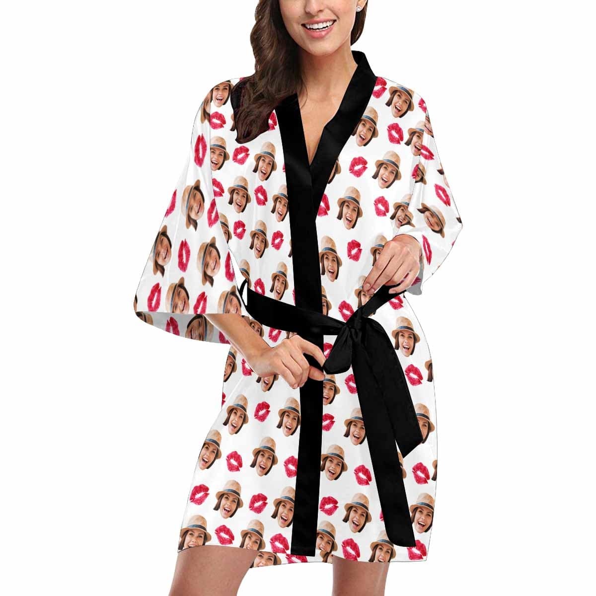 FacePajamas Pajama Custom Face Red Lips Women's Short Pajamas Personalized Photo Pajamas Kimono Robe