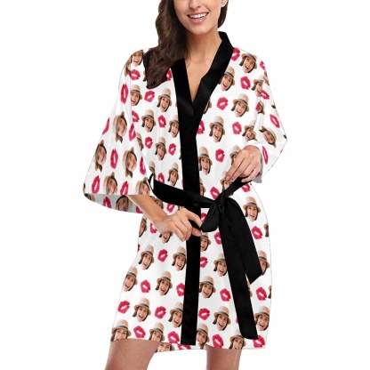 FacePajamas Pajama Custom Face Red Lips Women's Short Pajamas Personalized Photo Pajamas Kimono Robe