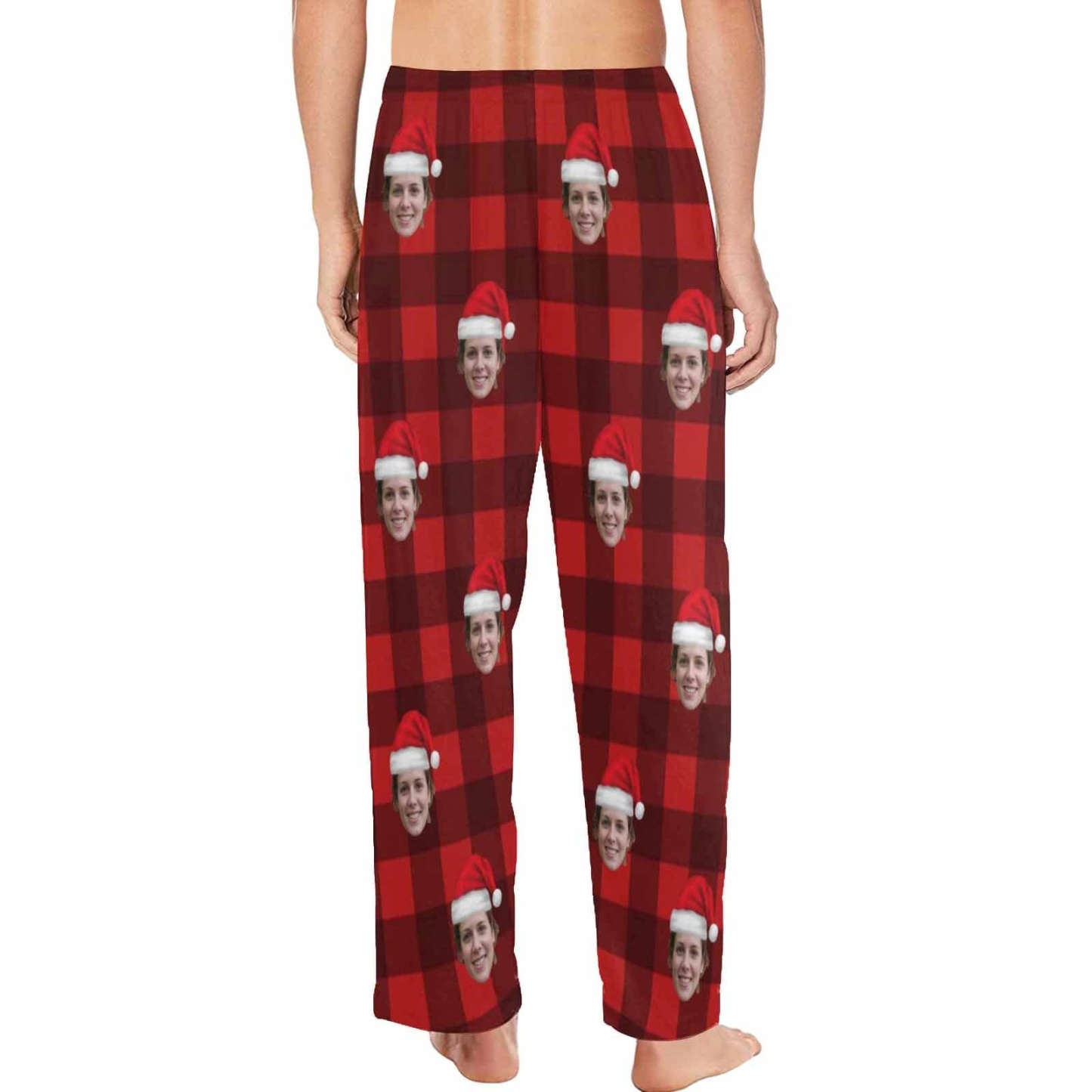 FacePajamas Pajama Shirt&Pants Custom Face Red Plaid Christmas Hat Sleepwear Personalized Women's&Men's Slumber Party Long Pajama Pants