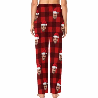 FacePajamas Pajama Shirt&Pants Custom Face Red Plaid Christmas Hat Sleepwear Personalized Women's&Men's Slumber Party Long Pajama Pants