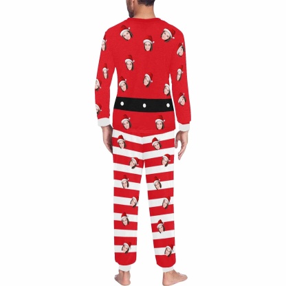 FacePajamas Pajama Custom Face Red White Stripes Christmas Santa Claus Sleepwear Personalized Men's All Over Print Pajama Set
